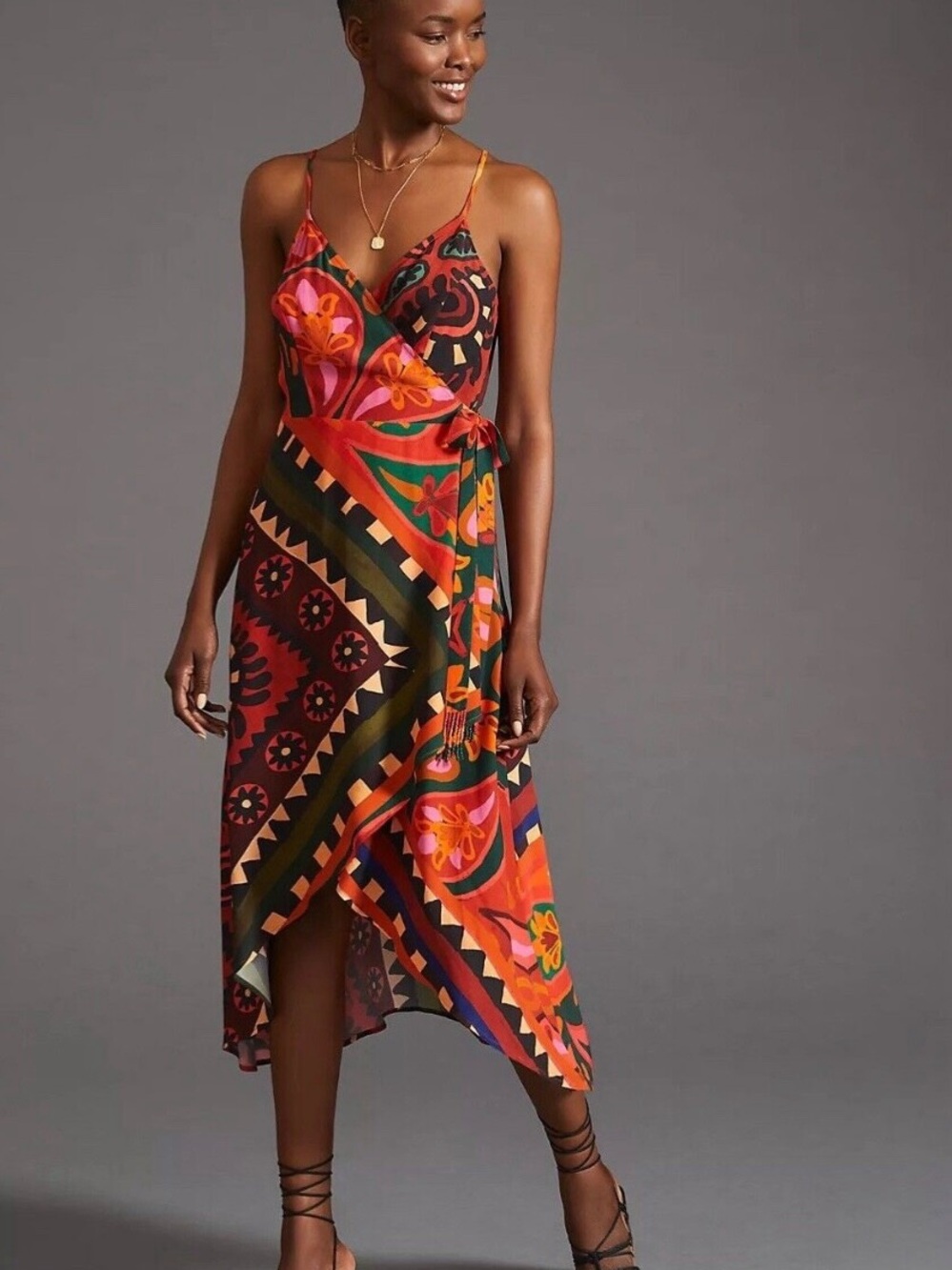FARM Rio Orange, Red & Green High-Low Wrap Dress